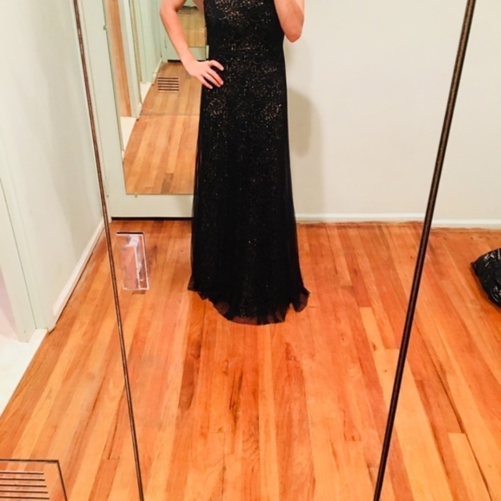 BCBG | Black &Gold Open Back Tulle Pleated Gown - Picture 4 of 9